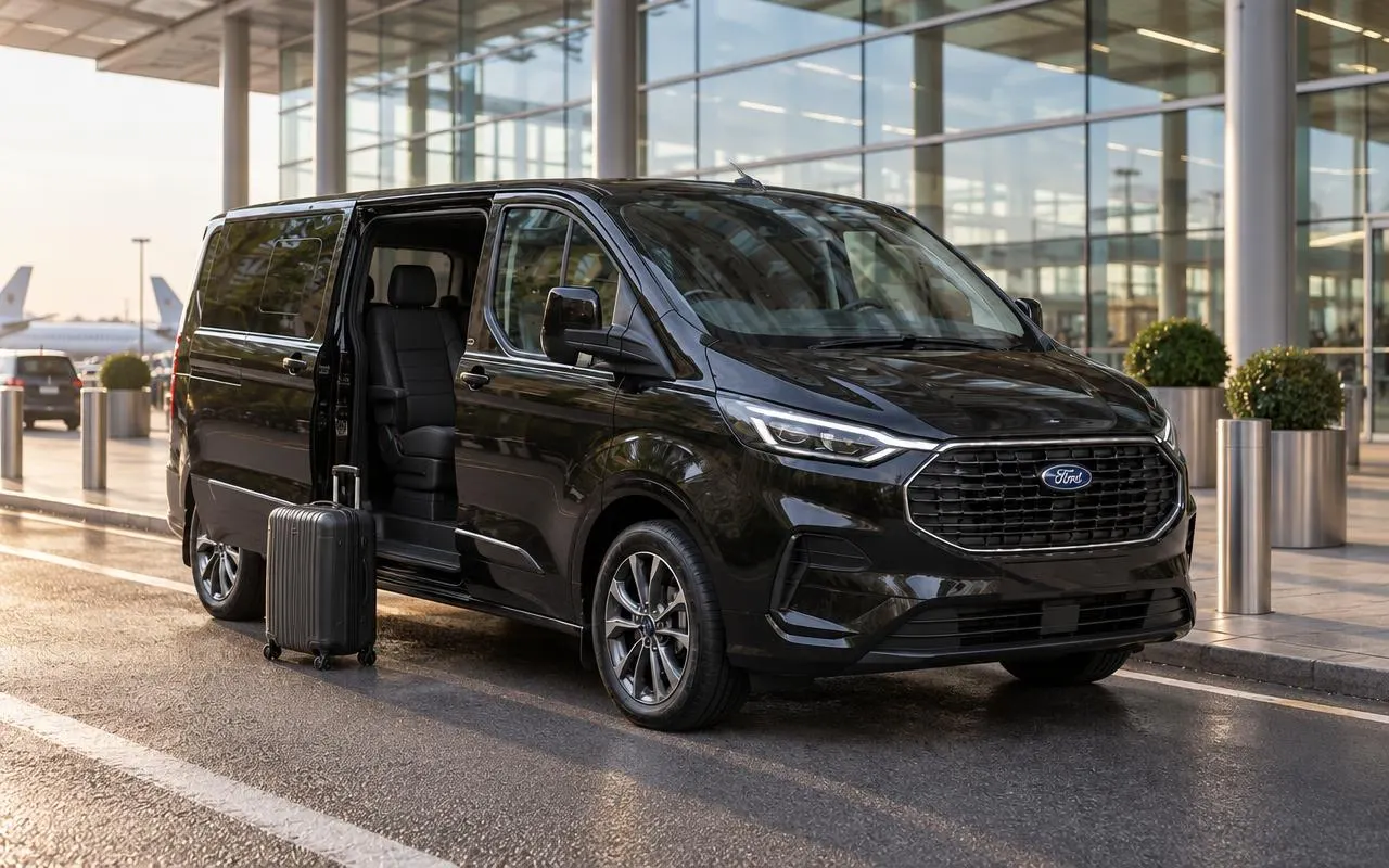 Black Ford Tourneo Custom — airport transfers with Pearl & Co Executive Travel