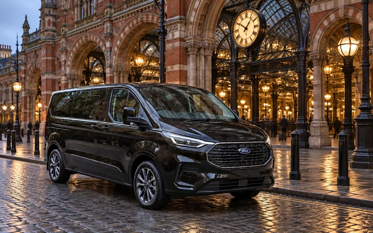 Black Ford Tourneo Custom — railway station transfers with Pearl & Co Executive Travel